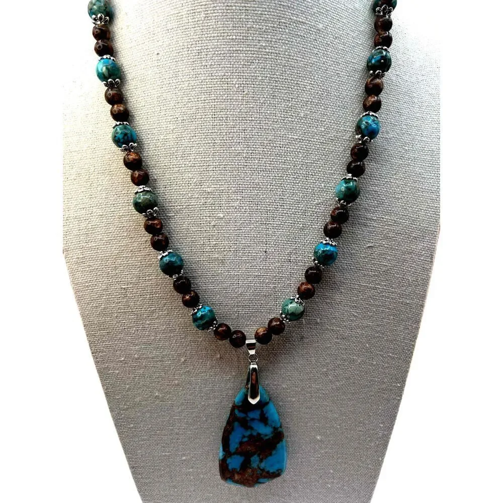 NEW Handmade Brown And Bluegreen Beaded Faux Turquoise Necklace - Picture 1 of 12